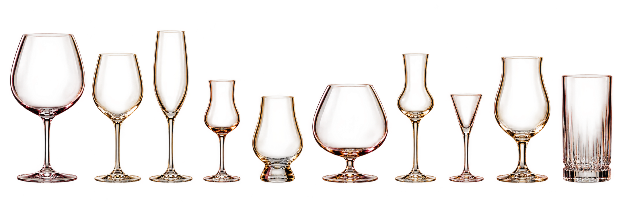 Tio glasformer för vin, mousserande, starkvin, whisky, cognac, grappa, snaps, öl och gin